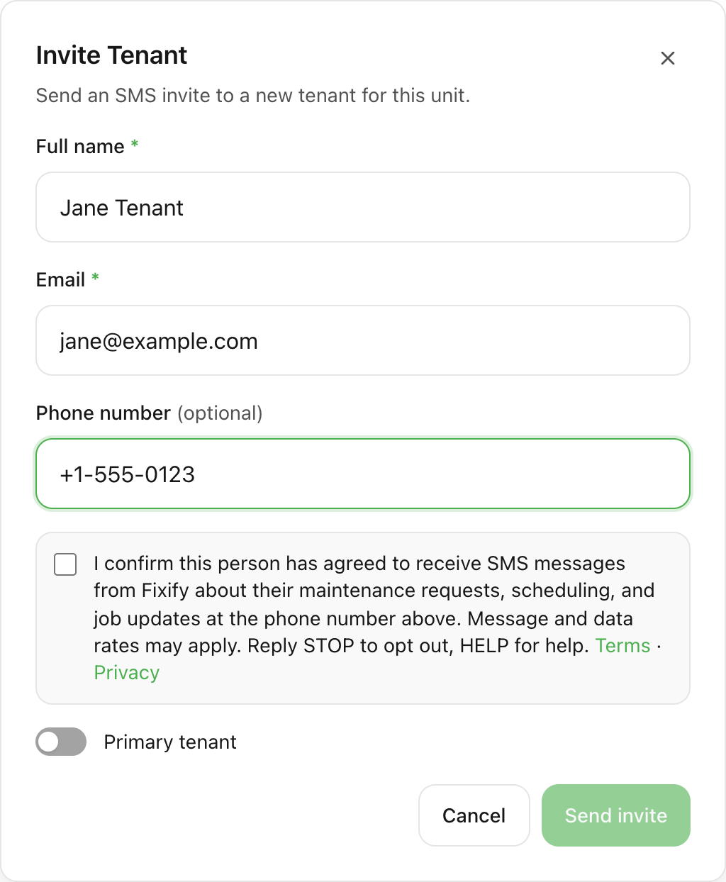 Screenshot of the Invite Tenant dialog in Fixify showing the SMS consent checkbox that property managers must confirm before sending tenant invites.