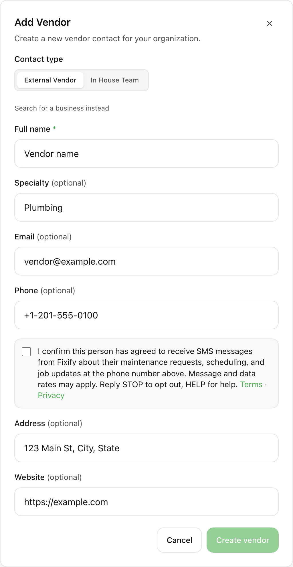 Screenshot of the Add Vendor dialog in Fixify showing the SMS consent checkbox that property managers must confirm before contacting a vendor by text.